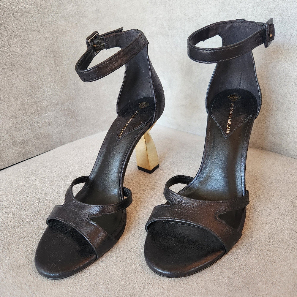 Antonio Melani dress sandals 8.5 black leather gold sculpted heels Galla new$140